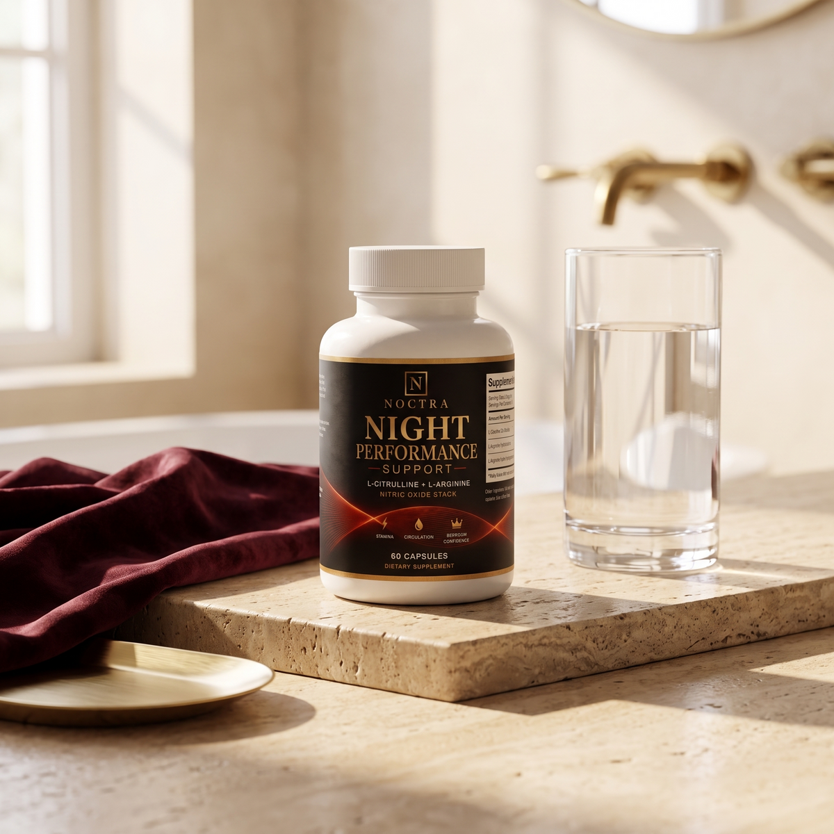NOCTRA bottle on bathroom vanity with glass of water