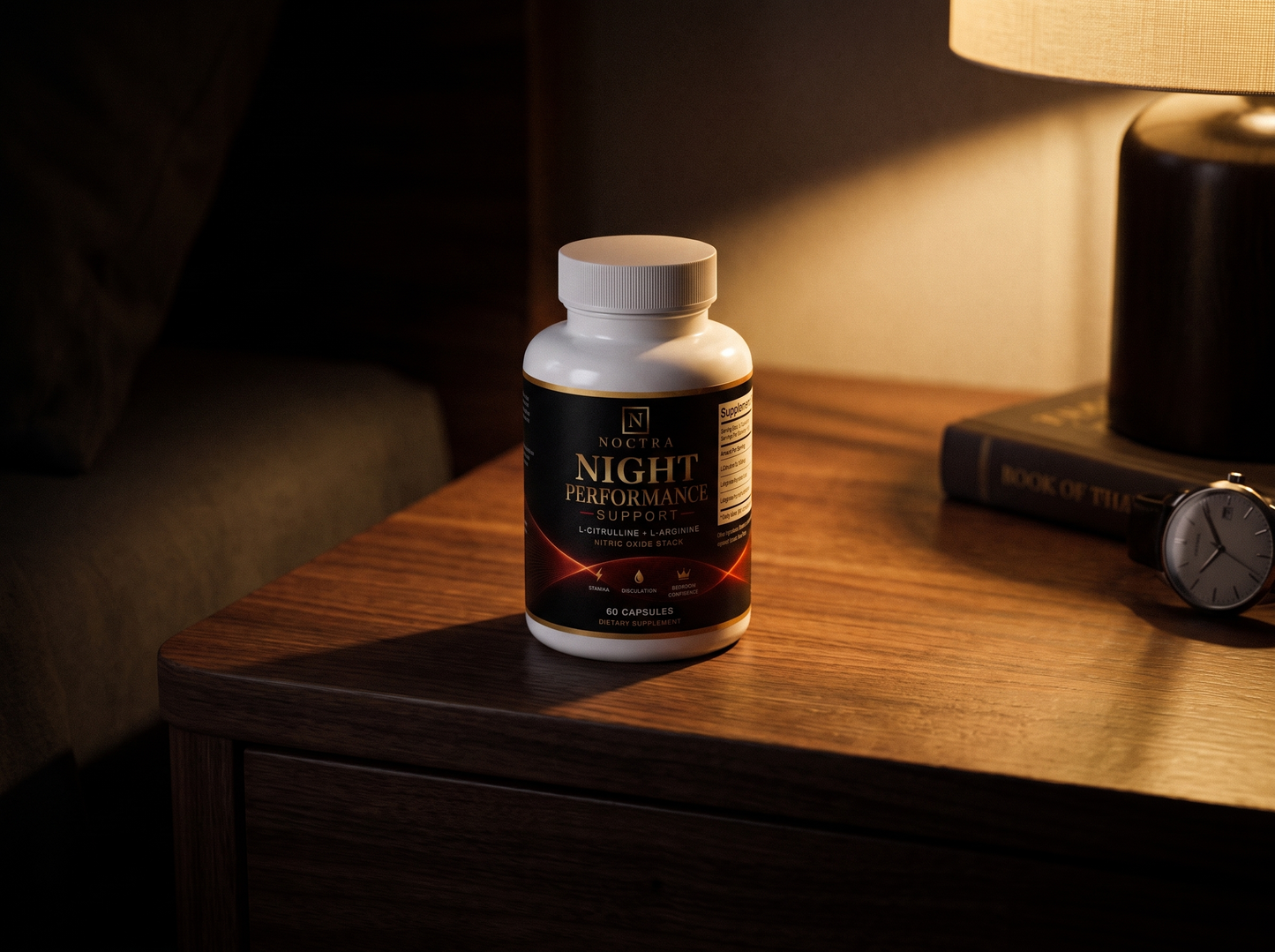 NOCTRA on nightstand at night